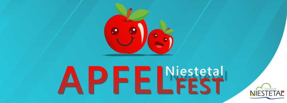 Zwei lächelnde äpfel begrüßen Sie zum Apfelfest Niestetal auf dem Rathausplatz.