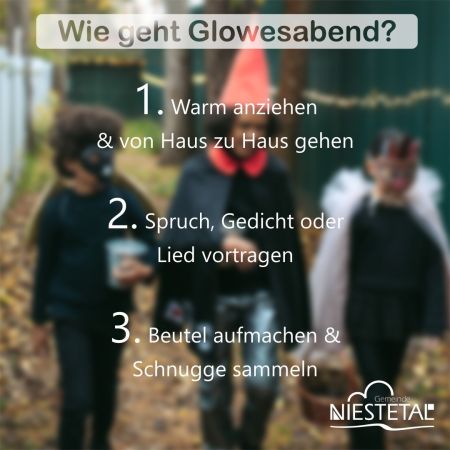 Wie geht Glowesabend? 1. Von Haus zu Haus gehen. 2. Singen, Spruch oder Gedicht aufsagen und 3. Beutel aufmachen und Schugge sammeln.