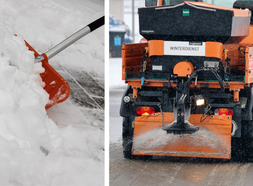 Eine Schneeschaufel räumt den Gehweg frei und ein Streufahrzeug räumt die Straße