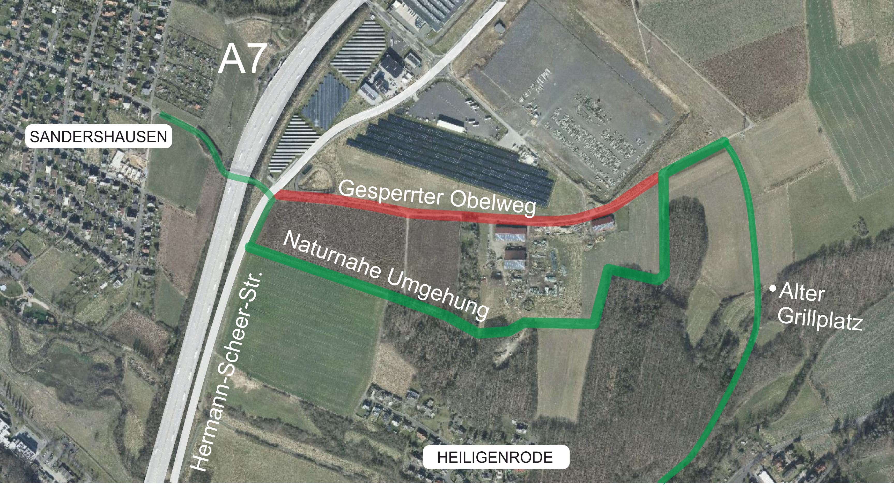 Die Karte zeigt den Sandershäuser Berg, Sandershausen links, Heiligenrode unten-rechts. Der Obelweg ist rot dargestellt, während die Ausweichroute grün dargestellt wird.